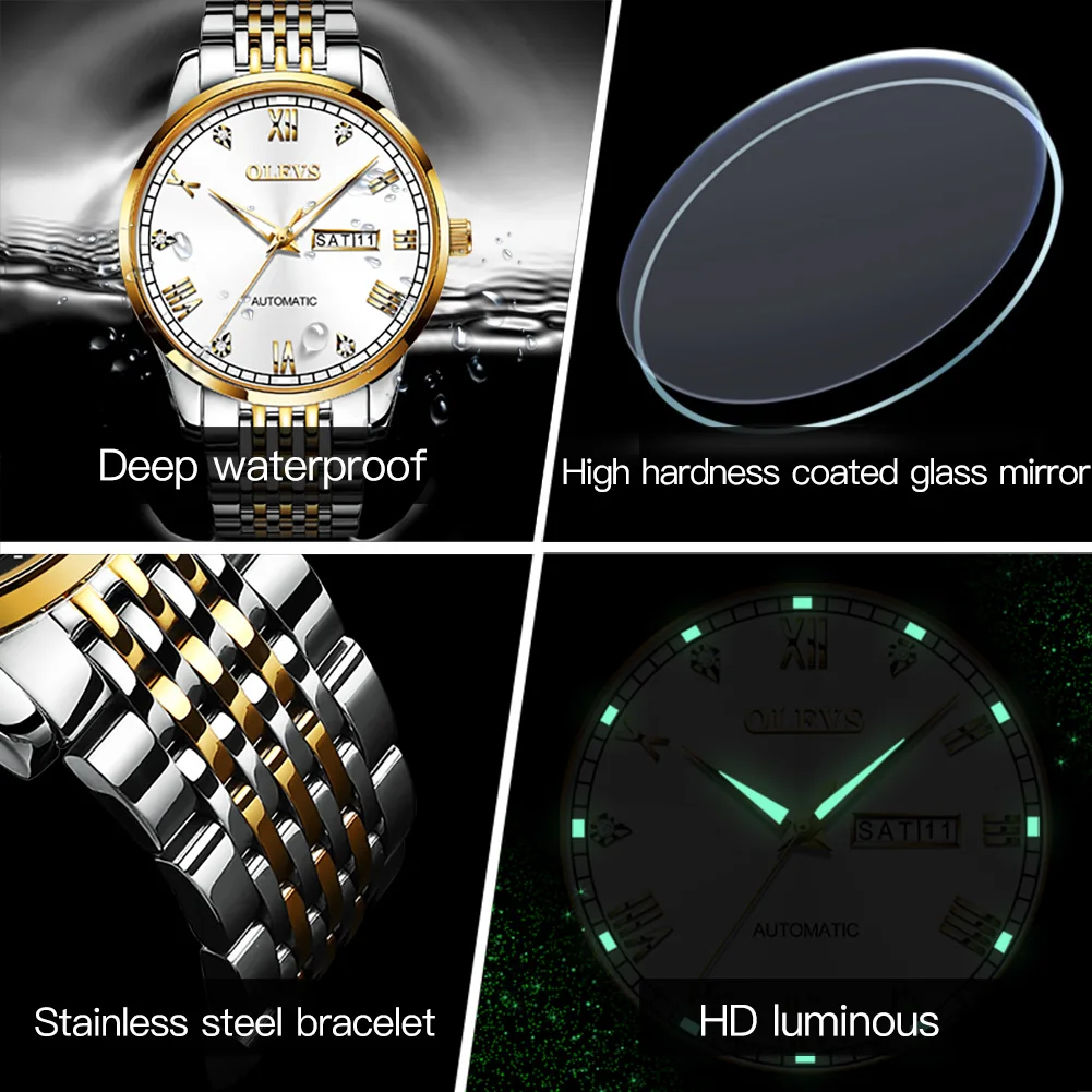 OLEVS Luxury Brand Couple Watch for Men Women Automatic Mechanical Wristwatch Waterproof Stainless Steel Lover's Watches Gifts