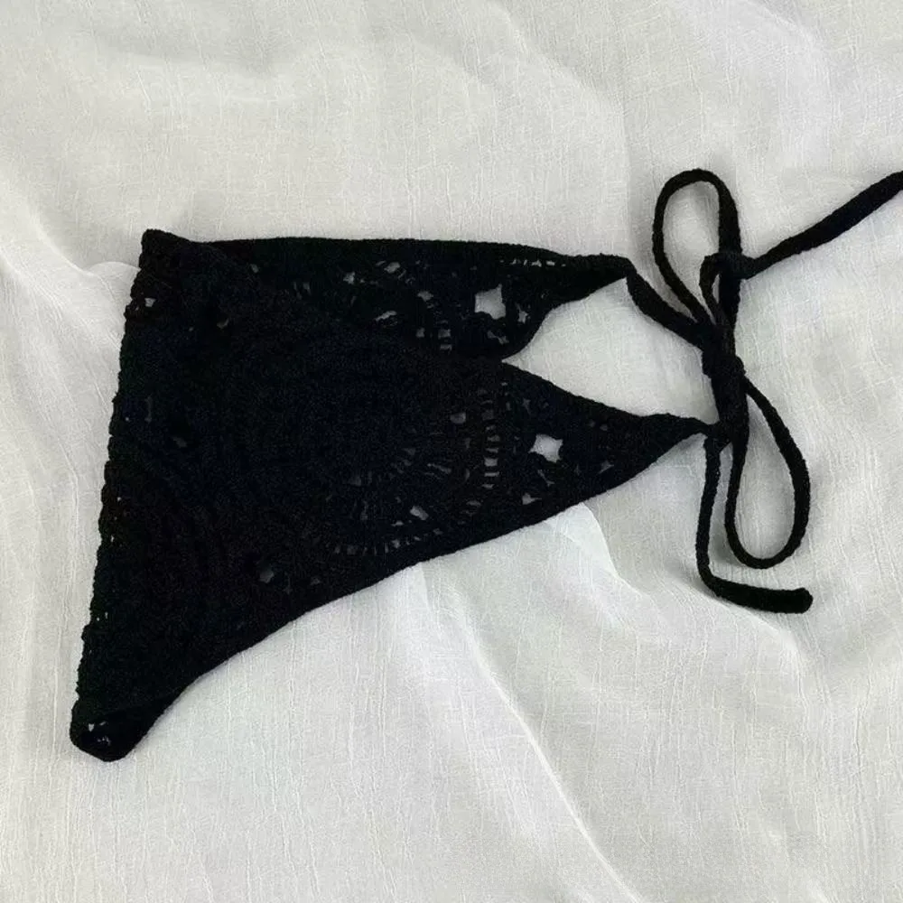 Solid Color Triangle Hair Scarf Hollow Handmade Crochet Crochet Headband Sheer Mesh Sweet Cute Strap Fashion Headscarf