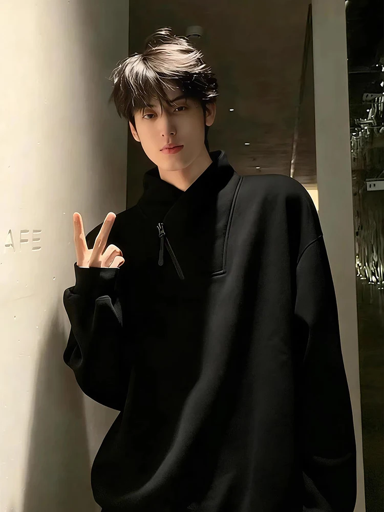 

Мужская толстовка на молнии с флисовой подкладкой, длинными рукавами, высоким воротником, теплой внутренней подкладкой, черная, утепленная, с усиленными плечами, базовая модель.