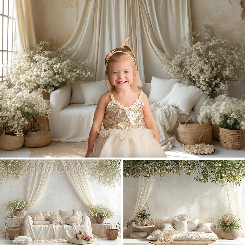 Spring Photography Backdrop White Couch Flowers Baskets Beige Dreamscape Portraiture Birthday Portrait Background Photo Studio