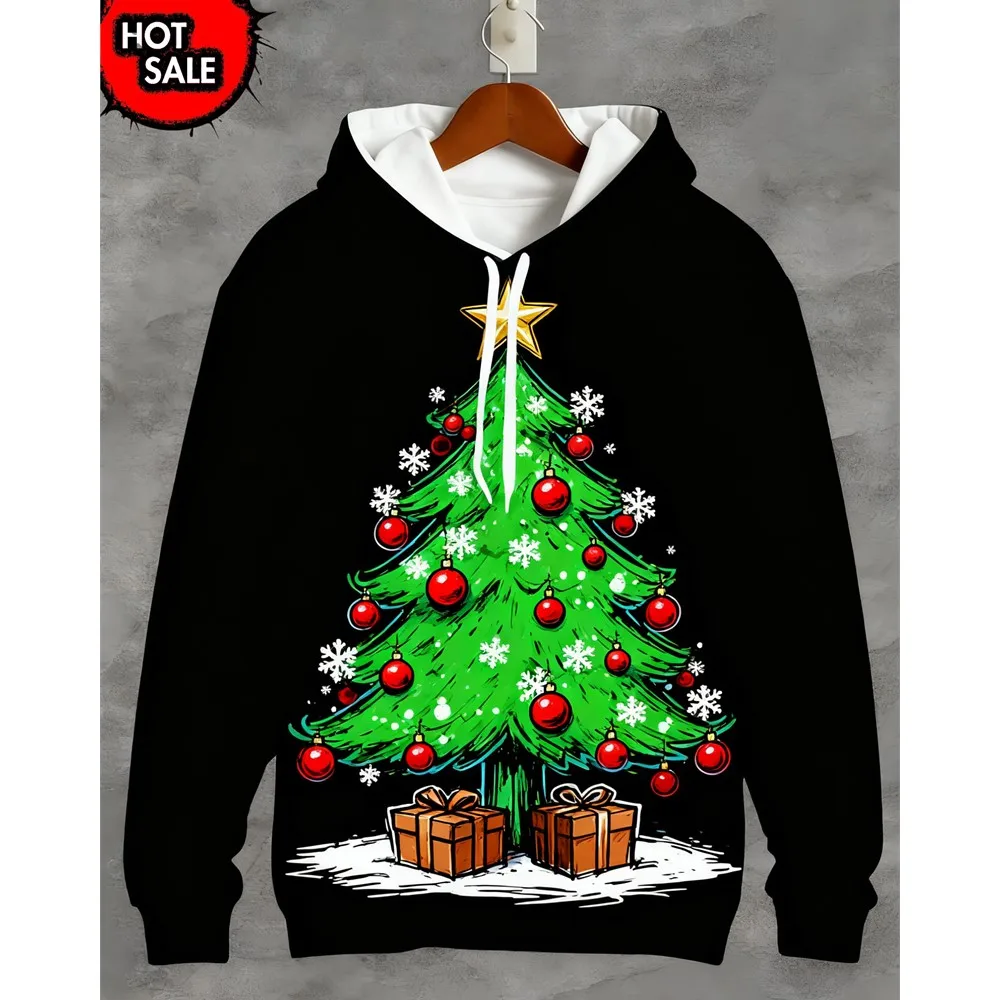 2026 Autumn/Winter Christmas Collection Men's Hooded Pullover with3D Gingerbread Man Santa Claus Trendy Top-Level Men's Clothing