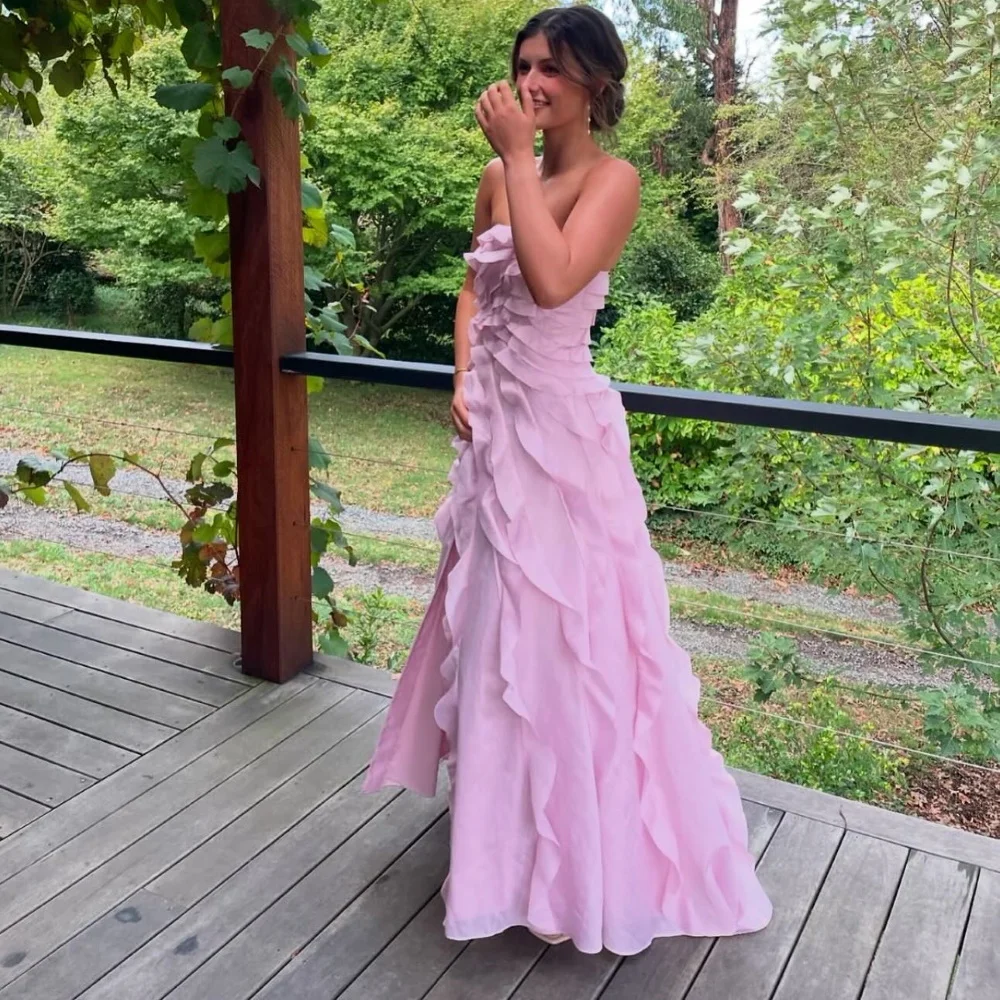 

Strapless Evening Dresses for Women Party Gown Formal Occasion Chiffon Ruffles Purple Sleeveless Cocktail Prom Gowns فساتين سهرة
