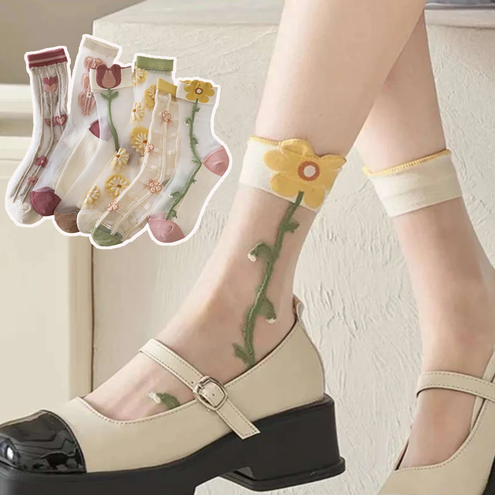 1 Pair Summer Woman Silk Socks Embroidery Tulip Flower Crystal Glass Silk Socks See Through Breathable Female Thin Socks