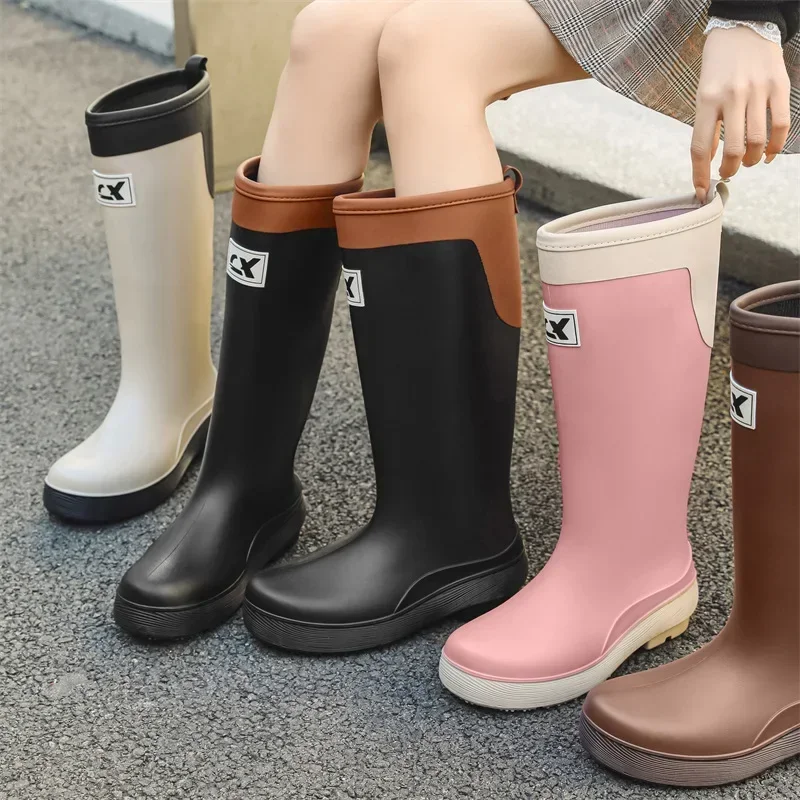 High tube rain shoes women's fashion rain boots outdoor thick-soled waterproof shoes rubber shoes 2025