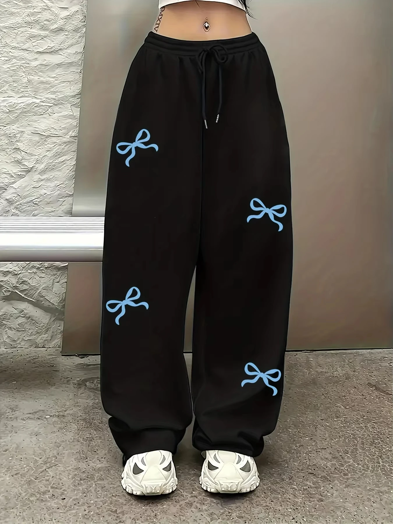 Men Women Straight‑Leg Pants,3D Bow Knot Print Quick Dry Trousers,Elastic Drawstring Waist Y2K Street Sports Casual Pants