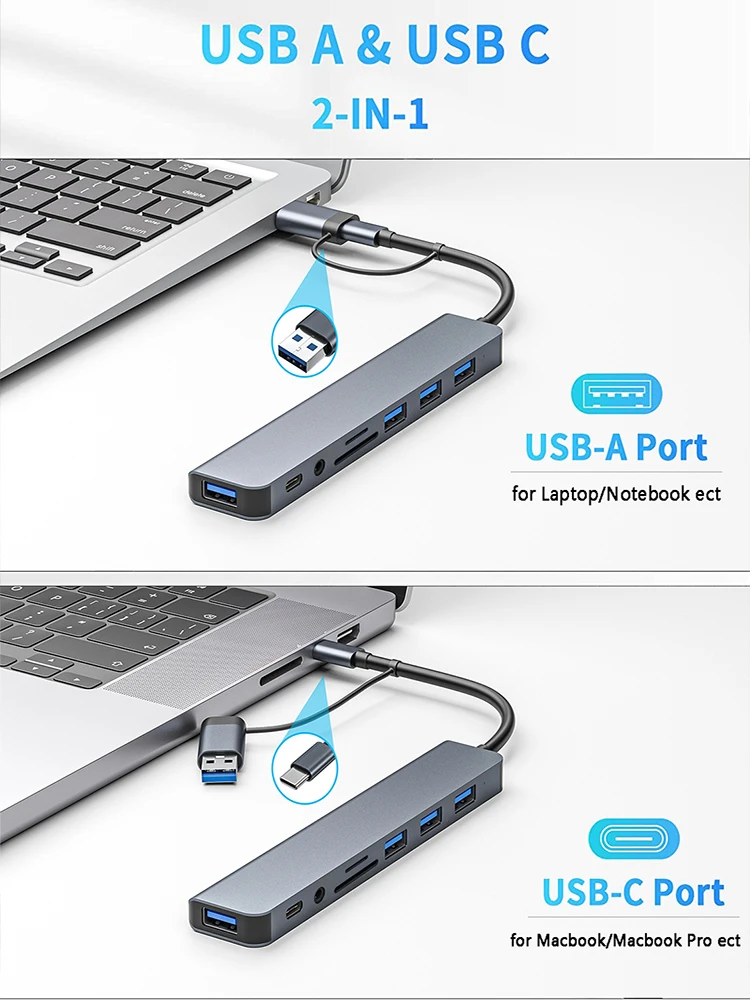 USB C Hub USB 3.0, Aluminum 8 in 1 USB Splitter with 1 X USB 3.0, 3 X USB 2.0 and 1 X USB C, SD/TF Card Reader, 3.5mm Aux Ports