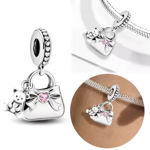 925 Silver Plated Fashion Little Bear Bag Piano Backpack Ring Box Charms Beads Fit Original Pan Bracelets Bangles Jewelry Gift