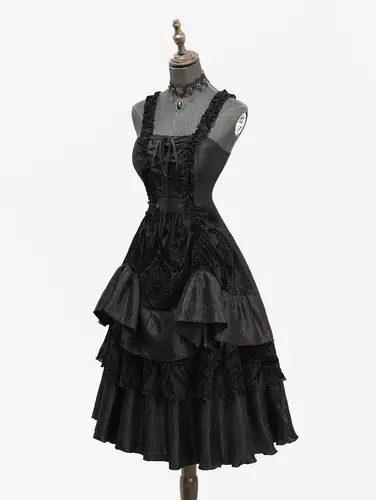 Imagen 2 del producto ROSEGAL-vestido gótico de Lolita, vestido negro clásico de malla Floral flocado con cordones y volantes en capas, vestido de fiesta de línea A, Vestidos Retro, disfraz