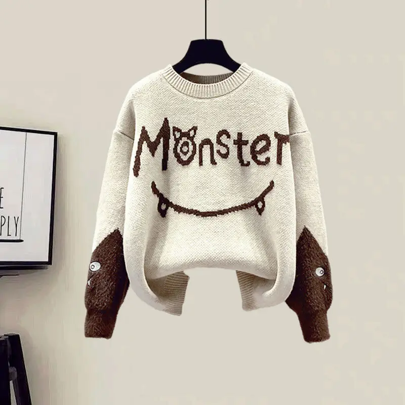 New Winter Women\'s Tracksuit Monster Letter Printed Knitted Pullover Sweater + Lamb Wool Vest +Casual Pants Suit 3 Piece Set