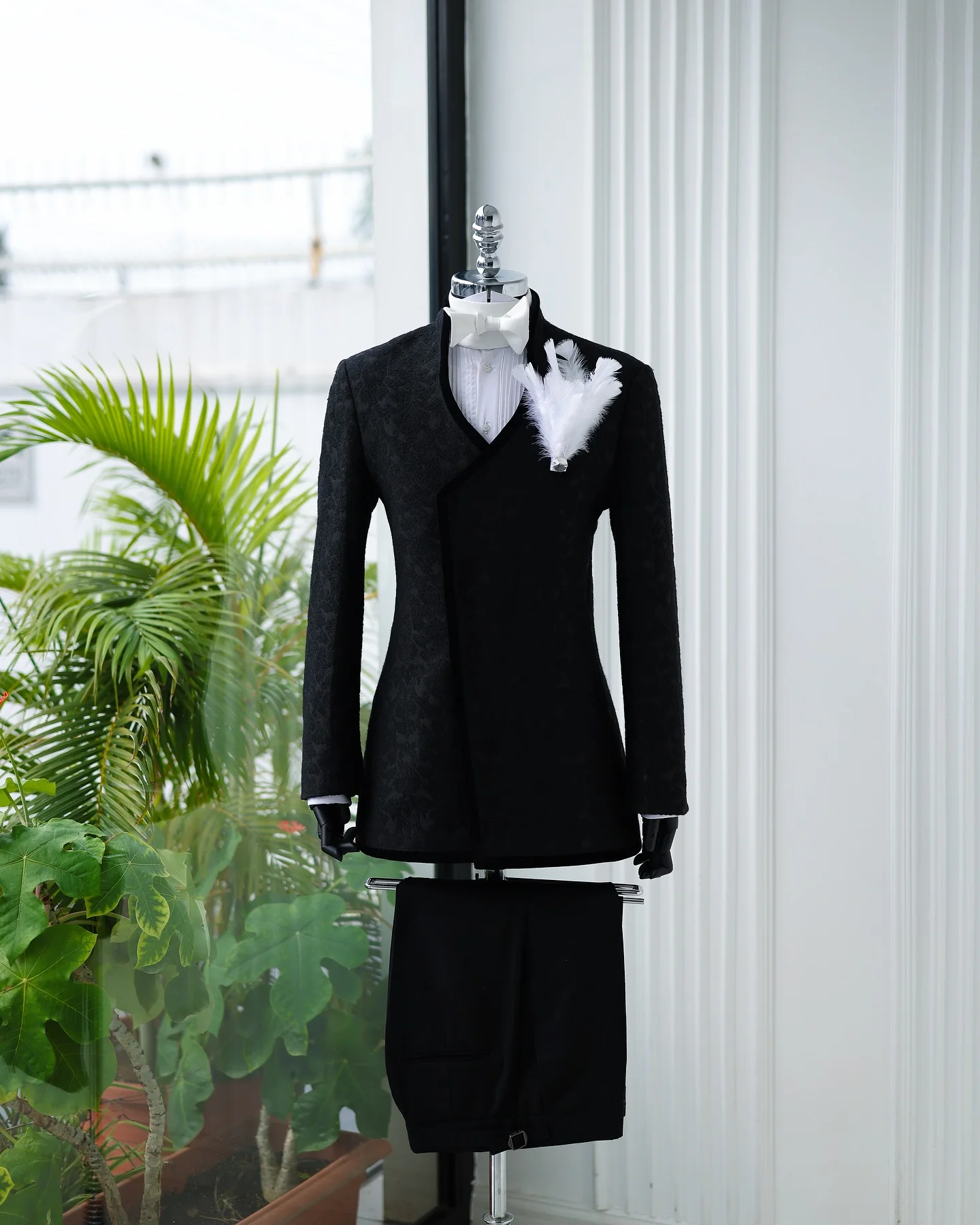 

Jacquard Black Men Suit Set 2 Pieces Blazer+Pants Trousers Feather Groom Wedding Tuxedo Formal Office Cotton Customized Jacket