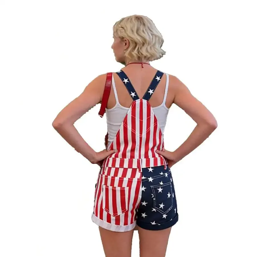 

Women Summer Denim Overalls Color Block Stripe Star Print Suspender Shorts With Pockets