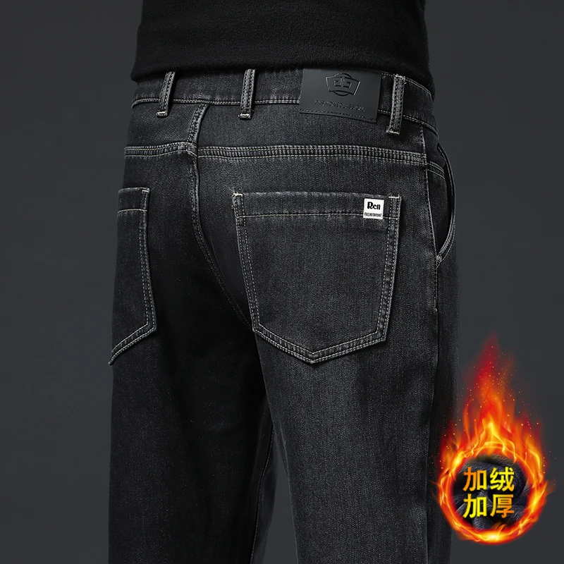Men's Straight Fleece Warm Jeans Winter New Velvet Fashion Vintage Casual Stretch Denim Pants Plush Thicken Male Trousers