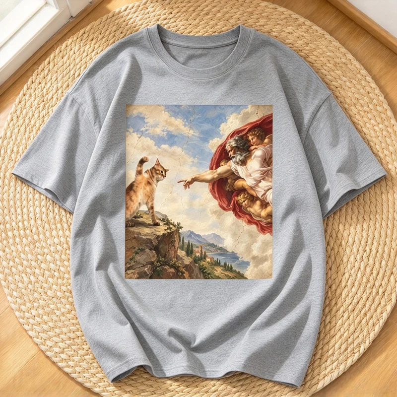 Renaissance Creation of Cat Graphic T shirt Men Women Funny Art Meme Print Casual Short Sleeve Tops Vintage Oil Painting Cat Tee