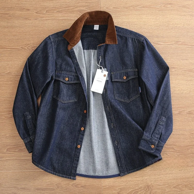 

Loose Fit Men's Denim Shirt Jacket Autumn Season Heavyweight Washed Corduroy Patchwork Japanese Style Long Sleeve Casual Coat