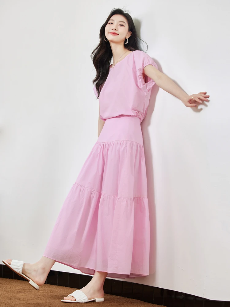 VIMLY Women\'s French Elegant Pink Skirt Set Summer New Strappy Puff Short Sleeve Shirt Top + Draped S-Line Skirt Two Piece Set