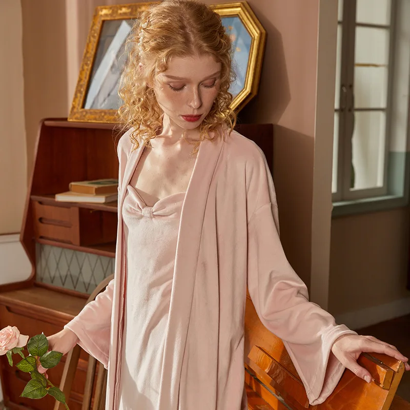 Warm Velvet Nightgown Robe Sets Women Autumn Winter Pink Bowknot Night Dress Bathrobe Velour Two Piece Sets Nightwear Sleepwear