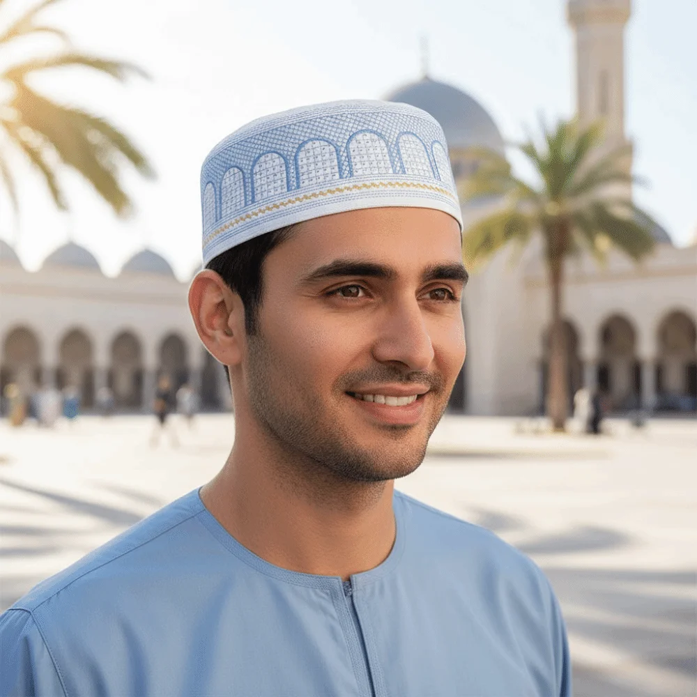 Fashion Traditional Muslim Hat Embroidery Design Round Shape Prayer Hat Saudi Arabian Style Polyester Islamic Cap Prayer Use