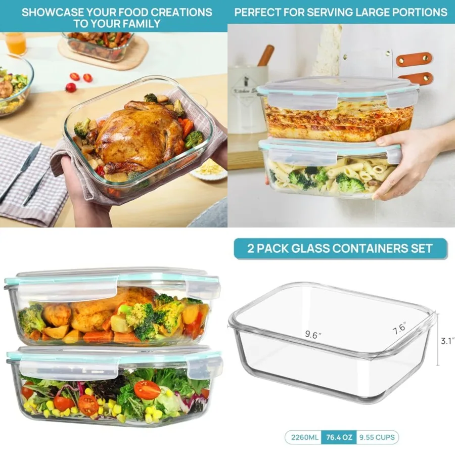 Paquete de 2 Recipientes de Vidrio Grandes de 2260 ml con Tapas, Juego de Recipientes para Almacenamiento de Alimentos con Tapas Herméticas a Presión para Hornear, Mi