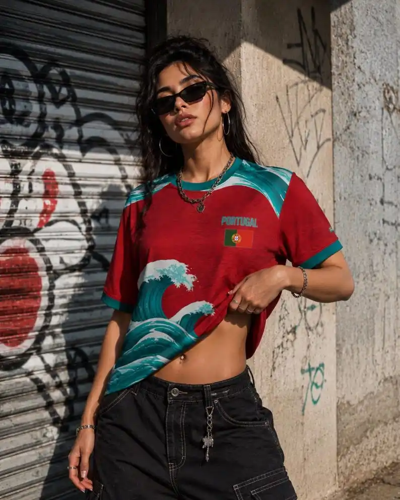 Summer Portugal Ocean Wave Raglan Soccer Jersey,Quick Dry Breathable Tee for Street Fan Outfit Daily Casual Top Family Kids Tees