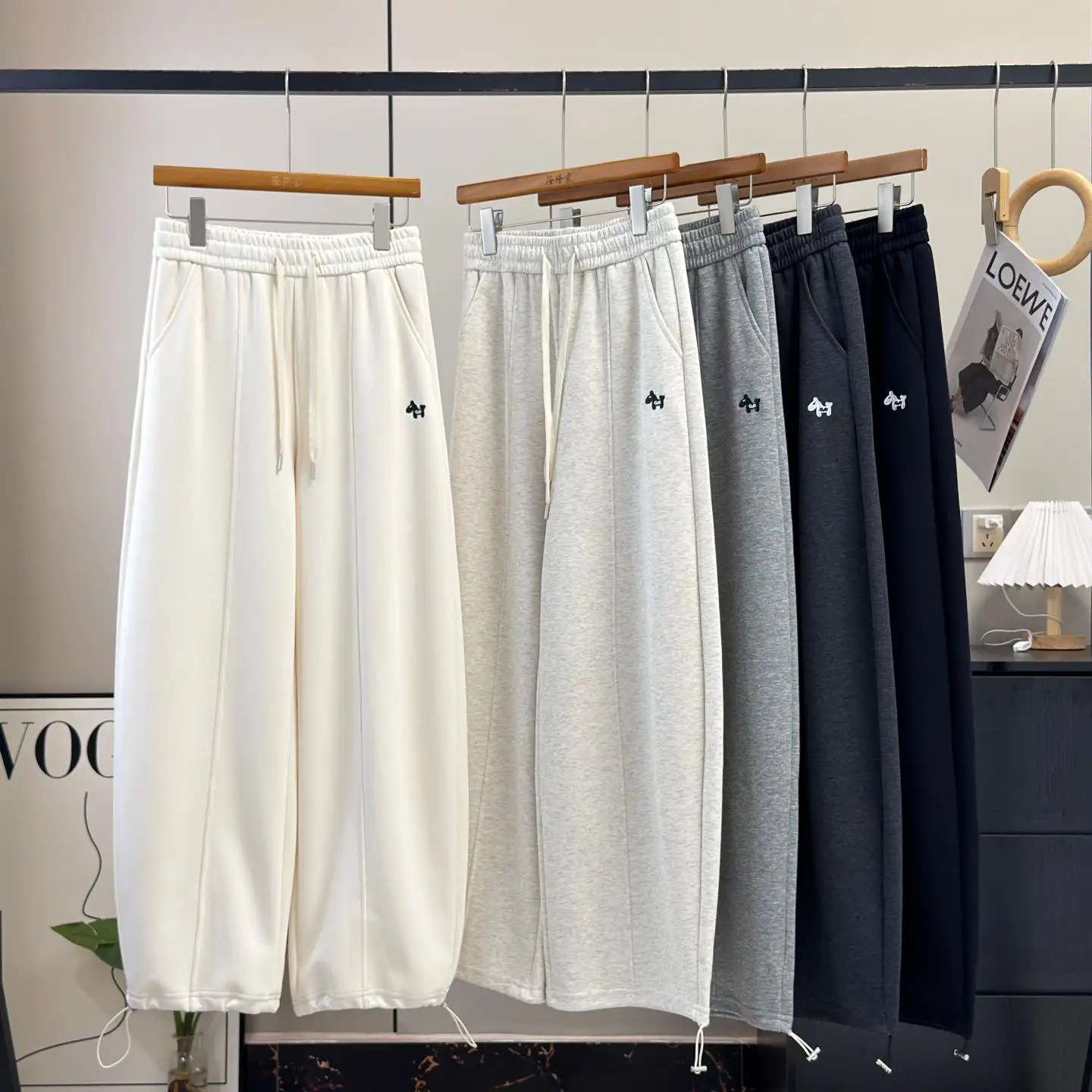 High Waist Drawstring Elastic Sports Casual Pants Women's Cotton Polyester Blend Knife-Shape Slimming Embroidered Trousers