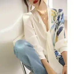 2023 Spring and Summer Autumn Fashion Commuting Simple V-neck Lace Up Print Long Sleeve Top Casual Loose Versatile Women's Shirt