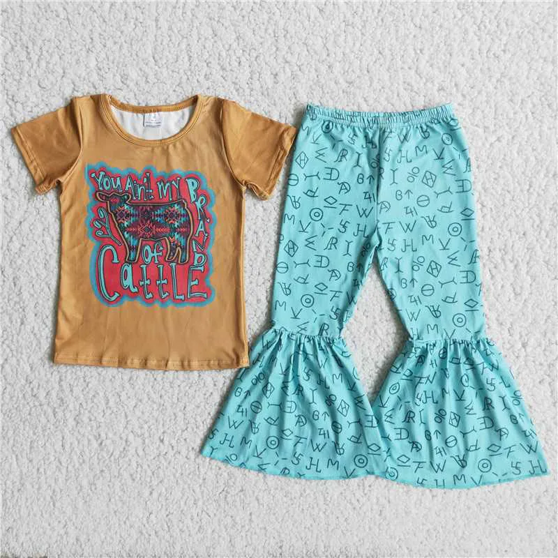 

New summer fashion baby girls children bull letters print long Bell Bottom Pants Toddler wholesale boutique Outfit