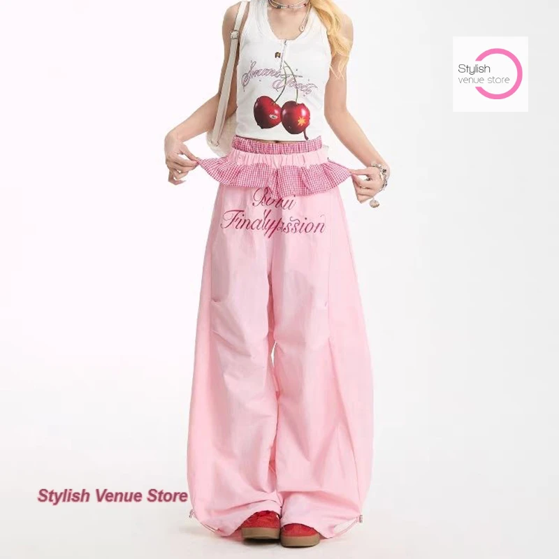 American retro dopamine plaid lace wide-leg pants women's summer new fashion design light and quick-drying overalls pants