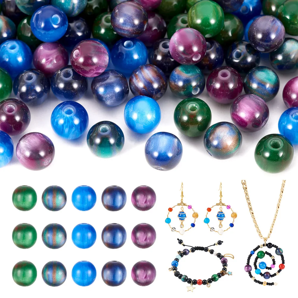 100pcs 8mm Galaxy System Round Resin Beads Opaque Sparkling Spacer Beads for Women Bracelet Necklace Earrings Jewelry Making DIY