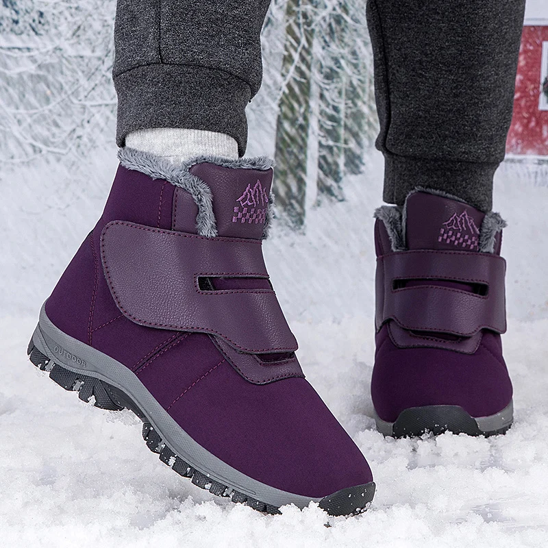 Winter Women's Fur Lined Ankle Snow Boots Adjustable Hook and Loop Diabetic Shoes for Elderly Swollen Foot Hallux Valgus Bunion