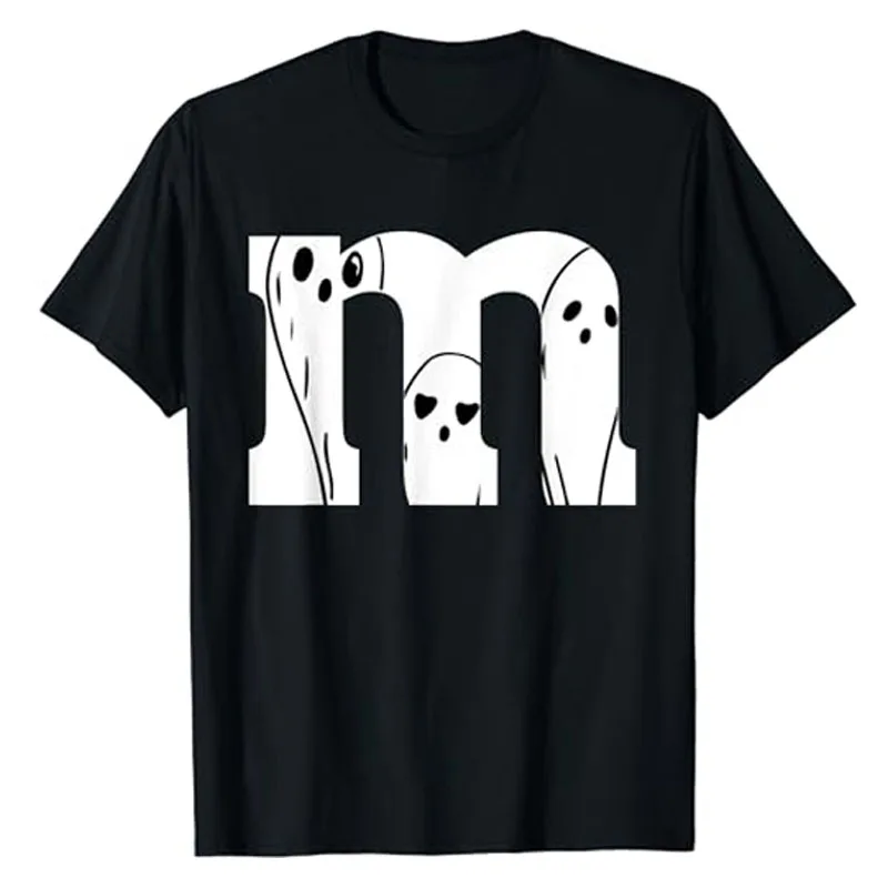 

Funny Halloween Ghosts in Letter M T-Shirt Gifts Humorous Letters Printed Saying Tee Cute Graphic Outfits Short Sleeve Y2k Top