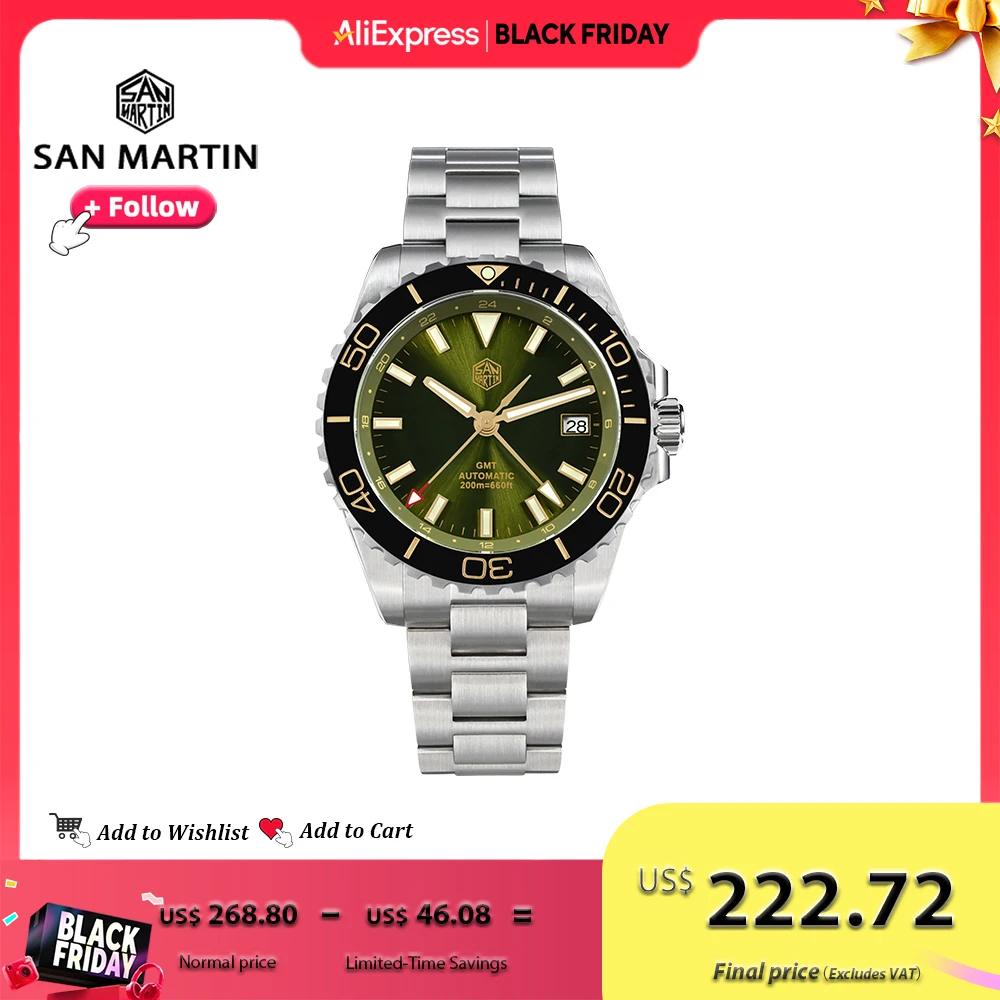 

San Martin 39mm Men Diver Watch GMT NH34 Stainless Steel Automatic Mechanical with Sapphire Luminous 20Bar Waterproof SN0136G