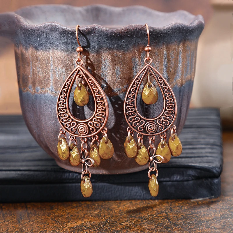 Vintage Bohemian Tassel Water Drop Earrings for Women Lady Bronze Color Hollow Dangle Earring Ethnic Female Jewelry