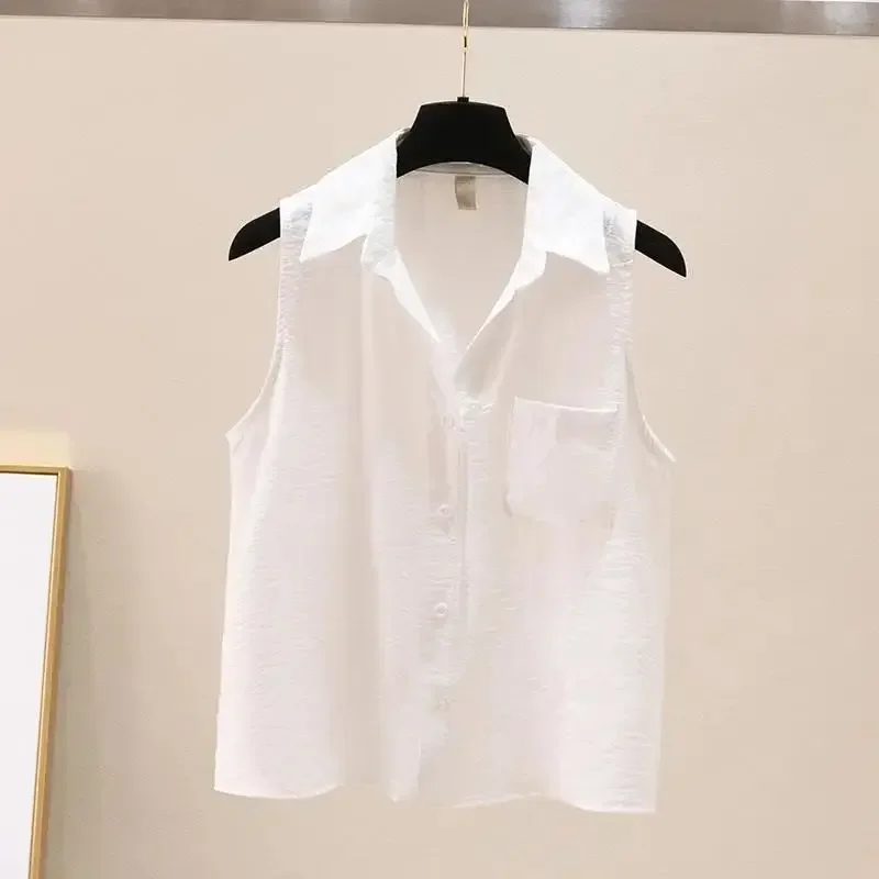 Sleeveless Solid Casual Polo-Neck Single Breasted Vest Loose Women's Blouse Shirt Korean Fashion Female Clothing Tops 2025