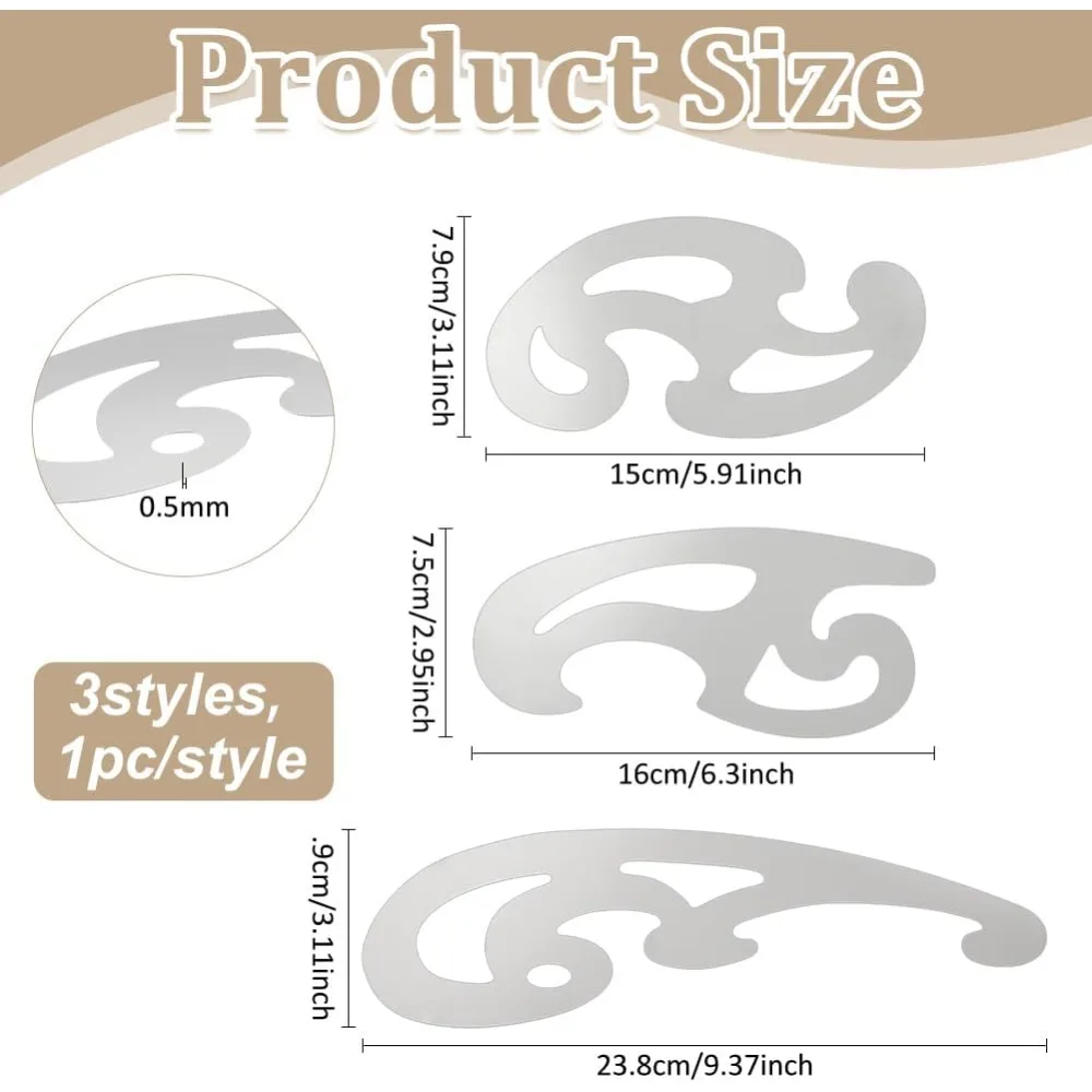3 Pcs Stainless Steel French Curve Ruler Metal Pattern Ruler Drafting Stencils Drawing Templates Tool for Garment Leather Design