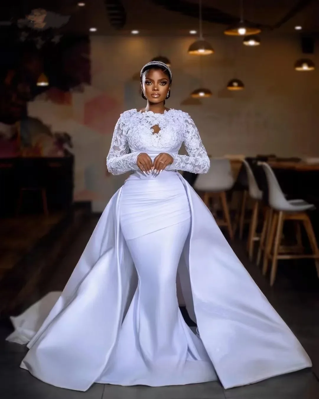 

Свадебные платья из сатина с кружевными аппликациями в стиле русалка, с отстегивающейся юбкой, длинными рукавами, свадебное платье Vestido De Novia Boda