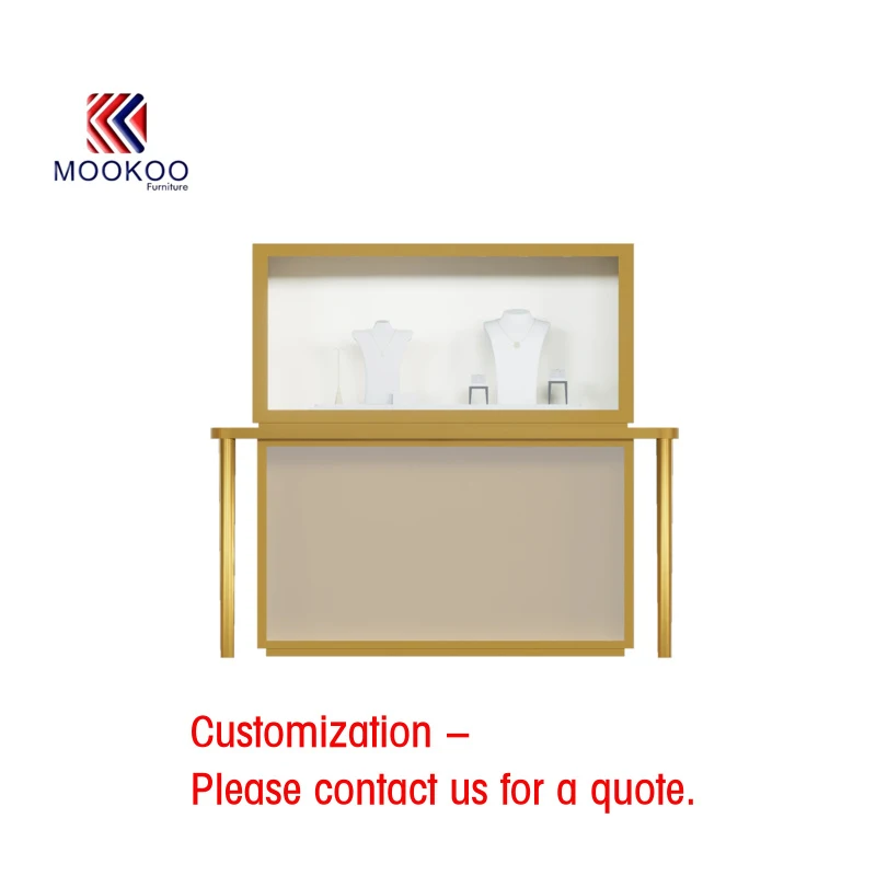 custom.Premium Gold LED Jewelry Display Counter with Frosted Glass Base & Full-View Showcase