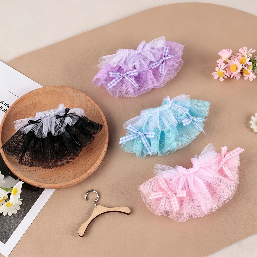 4 Colors Doll Tulle Skirt Plaid Bow Decor Mini Layered Tutu Skirt Handmade Lace Dress For 20‑25cm Doll Dress Up Accessories
