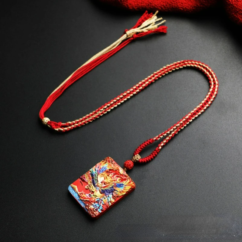 Chinese Style Retro Ethnic High Content Cinnabar Painted Thangka Phoenix Hanging Tag Men Women Braiding Rope Necklaces Pendants