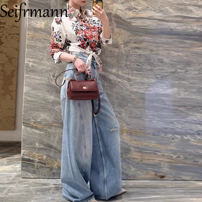 

Seifrmann 2026 Spring Women's New Fashionable Collar Long Sleeve Single breasted Cotton Printed Shirt