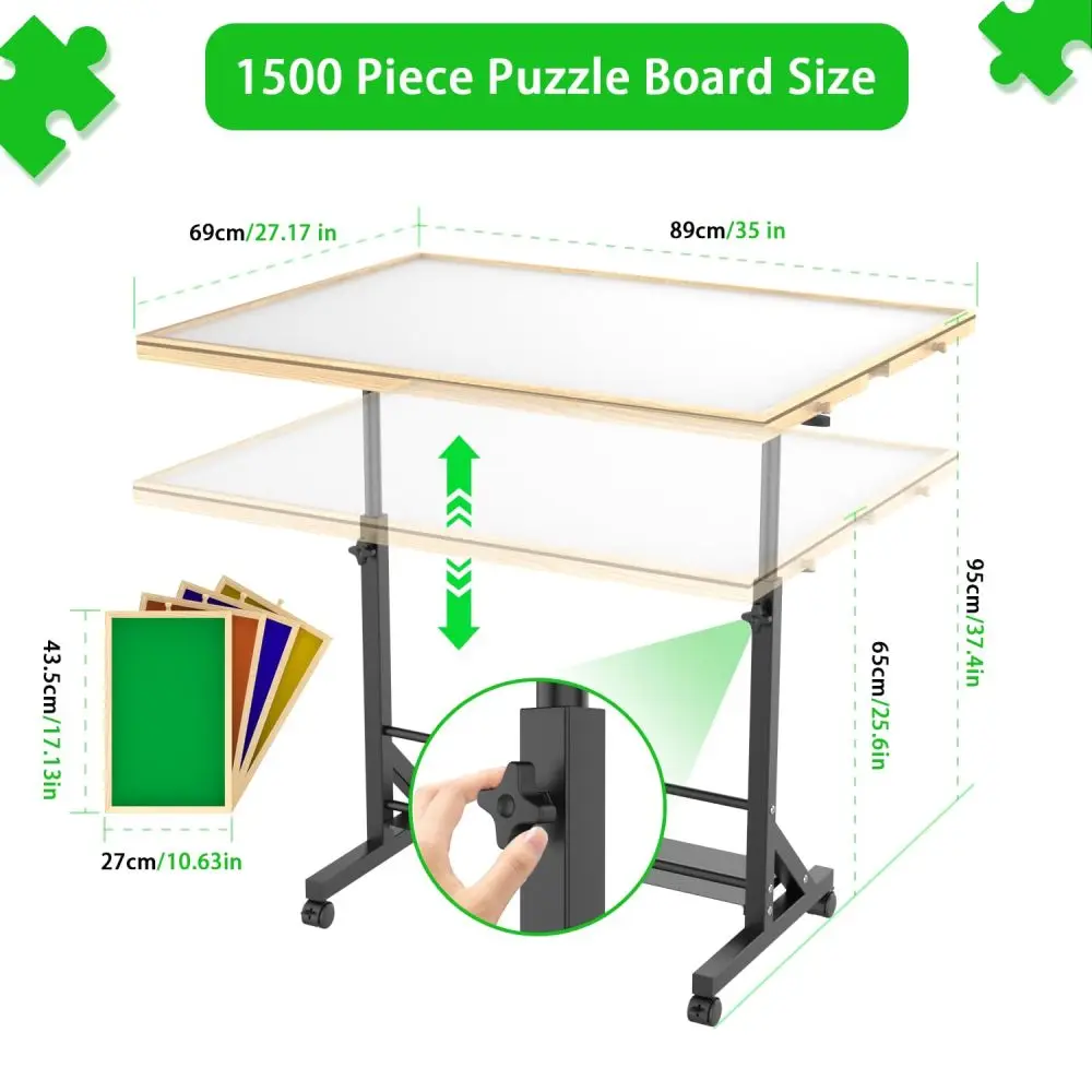 Wooden 1500 Piece Puzzle Table with Drawer, 35"*27.17" Adjustable Puzzle Table, 360° Tilting Puzzle Table with Legs and Wheels