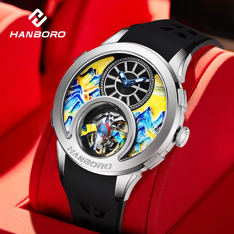 HANBOROThousand Miles Series Oil Painting Personalized Dial Magpie Skeleton Balance Wheel Design Men's Automatic MechanicalWatch