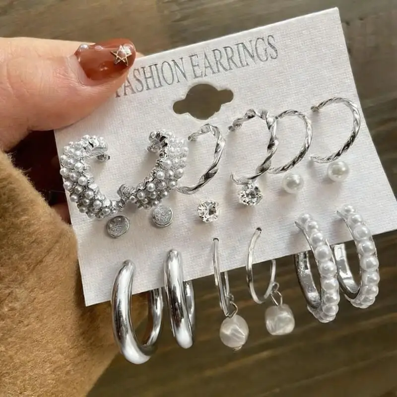 9 Pairs Two-Tone Golden & Silvery Earrings Multipack, Versatile Hoop & Stud Earrings with Pearl & Cubic Zirconia Inlays