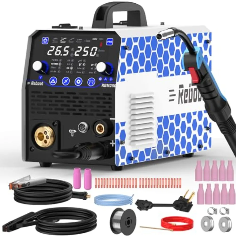 

250Amp 8-in-1 MIG Welder RBM2500 PRO and 10-Pack MB15 Ceramic Nozzles 120V/240V Multiprocess Machine w/Gas MIG Flux Core
