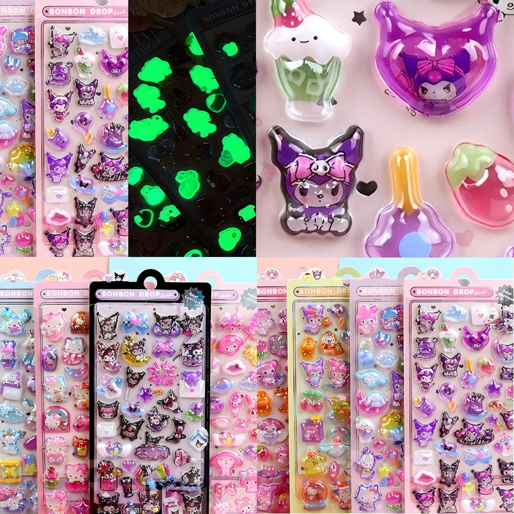 

Kawaii 3D Luminous Relief Stickers Cute Sanrio Anime Decals Graffiti Notebook Phone Scrapbook Waterproof Cartoon Crystal Sticker