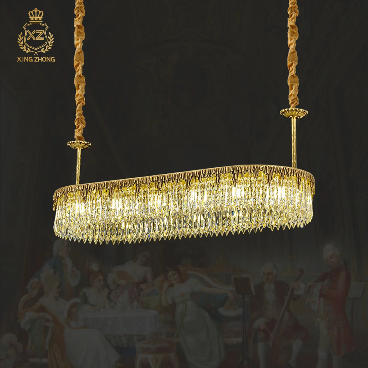 European Baroque Dining Room Study Luxury Crystal Pendant Light Banquet Hall Island Long Strip Brass Pendant Lamp