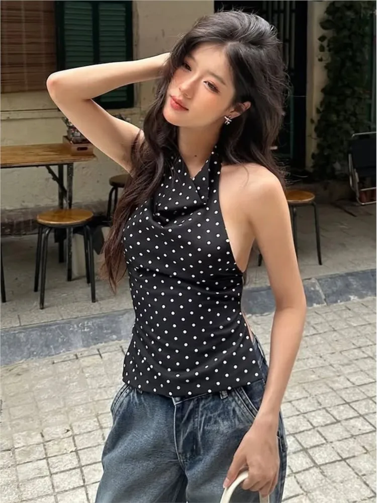 

New Women's Clothing Slim Sexy Vest Backless Sleeveless Halterneck Top Polka Dots Bodycon all-match Contrast Trendy Simple Style