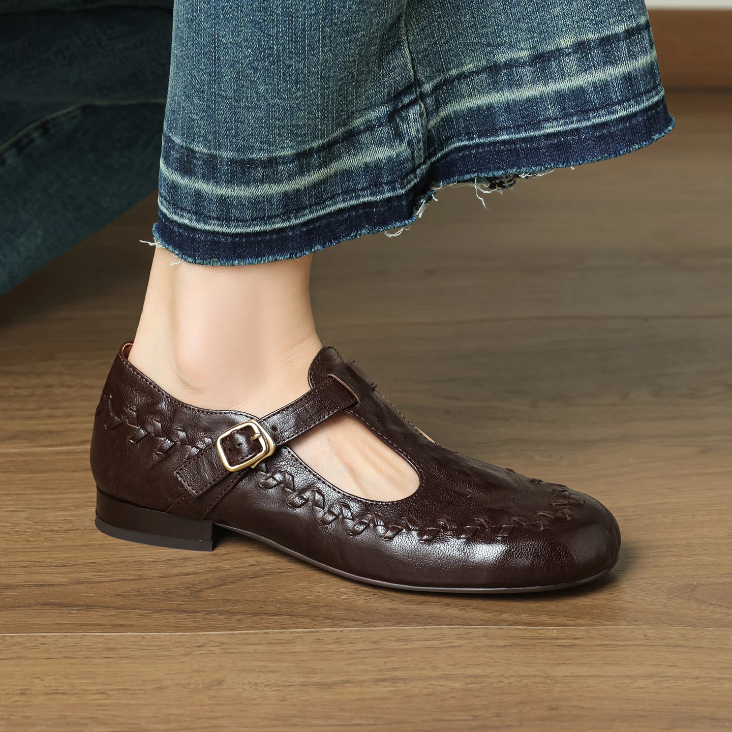 

Handmade Genuine Leather Fashion Vintage Soft Lambskin T-Strap Mary Jane Shoes Woven Loafers Shallow Cut Flats for Women
