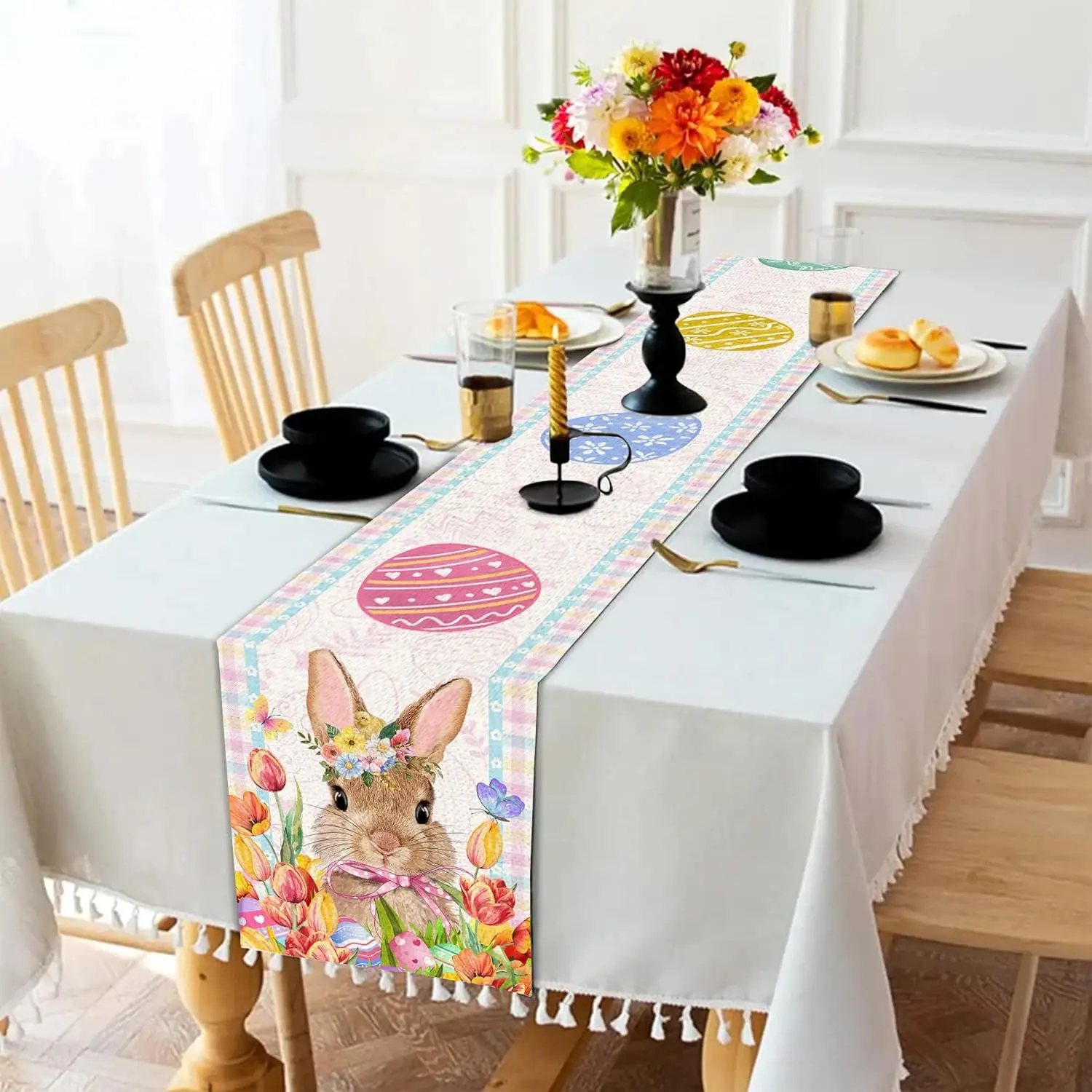 1Pc, Easter Tulip Bunny Table Runner, Gift for Friends, Suitable for Weddings, Kitchens, Dining Tables, and Family Gatherings, Holiday and Anniversary Decorations, a Must-Have for Home and Kitchen