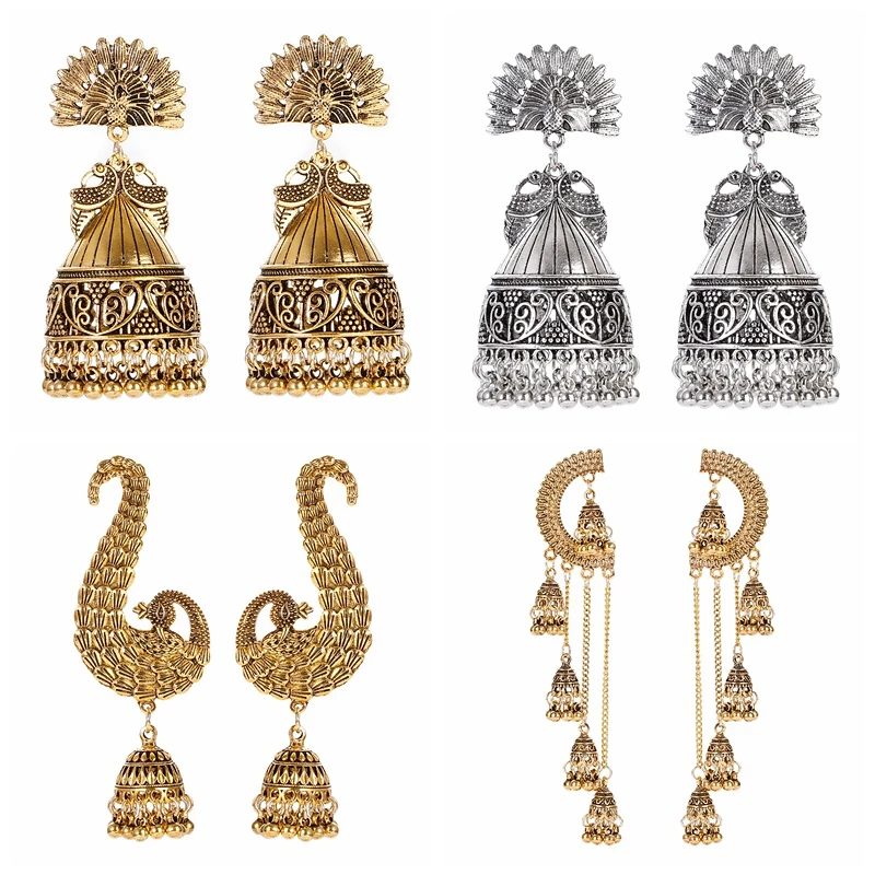Pendientes Vintage de pavo real con campana grande para mujer, bisutería de pavo, joyería india, joyería de moda de la tribu étnica