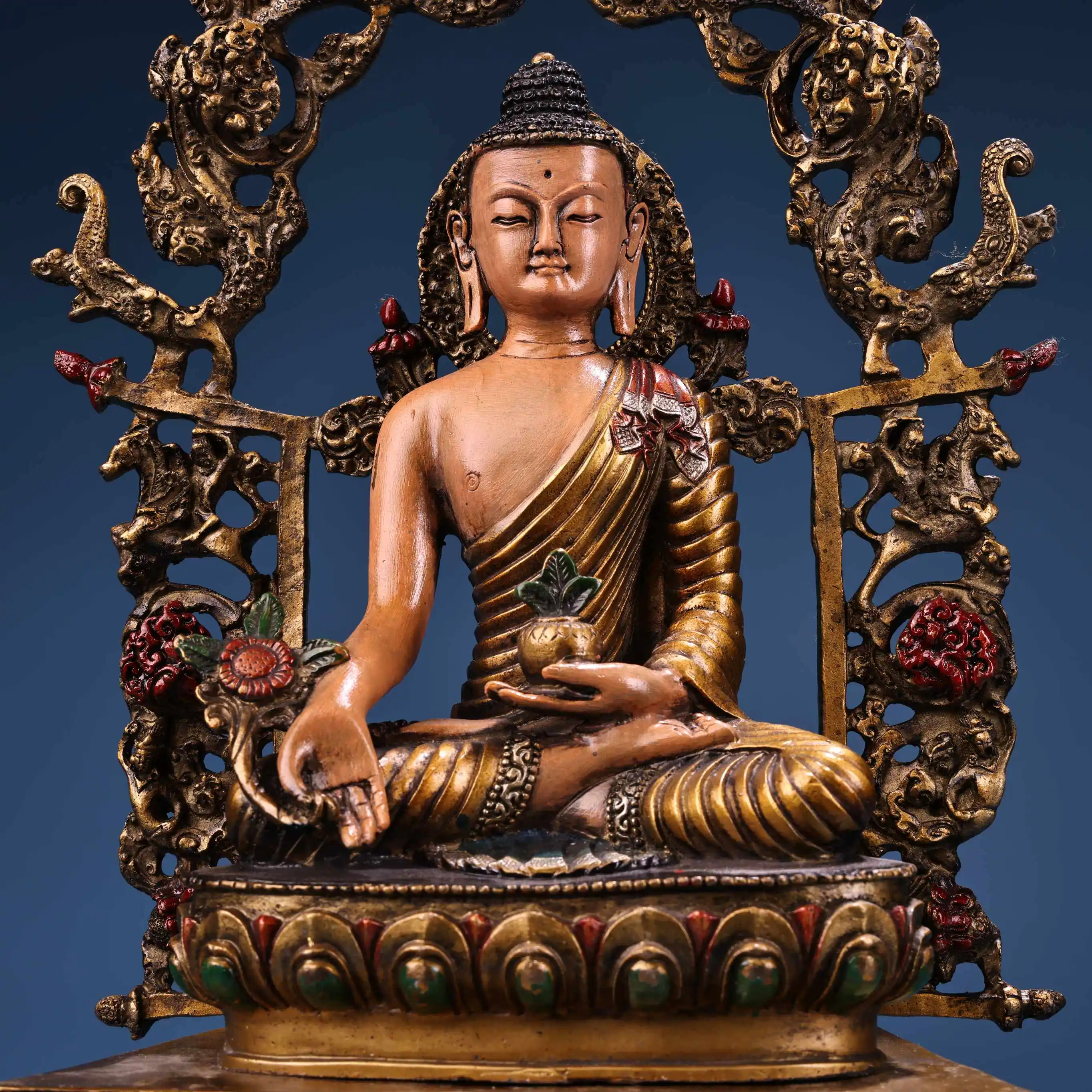 Tibetan Old Copper Painted Gold Highlight Medicine Buddha Statue Serene Face Heavy Patina Fine Craft